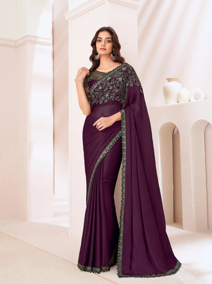 Wine Satin Chiffon Party Wear Saree With Sequence & Thread Embroidery Work