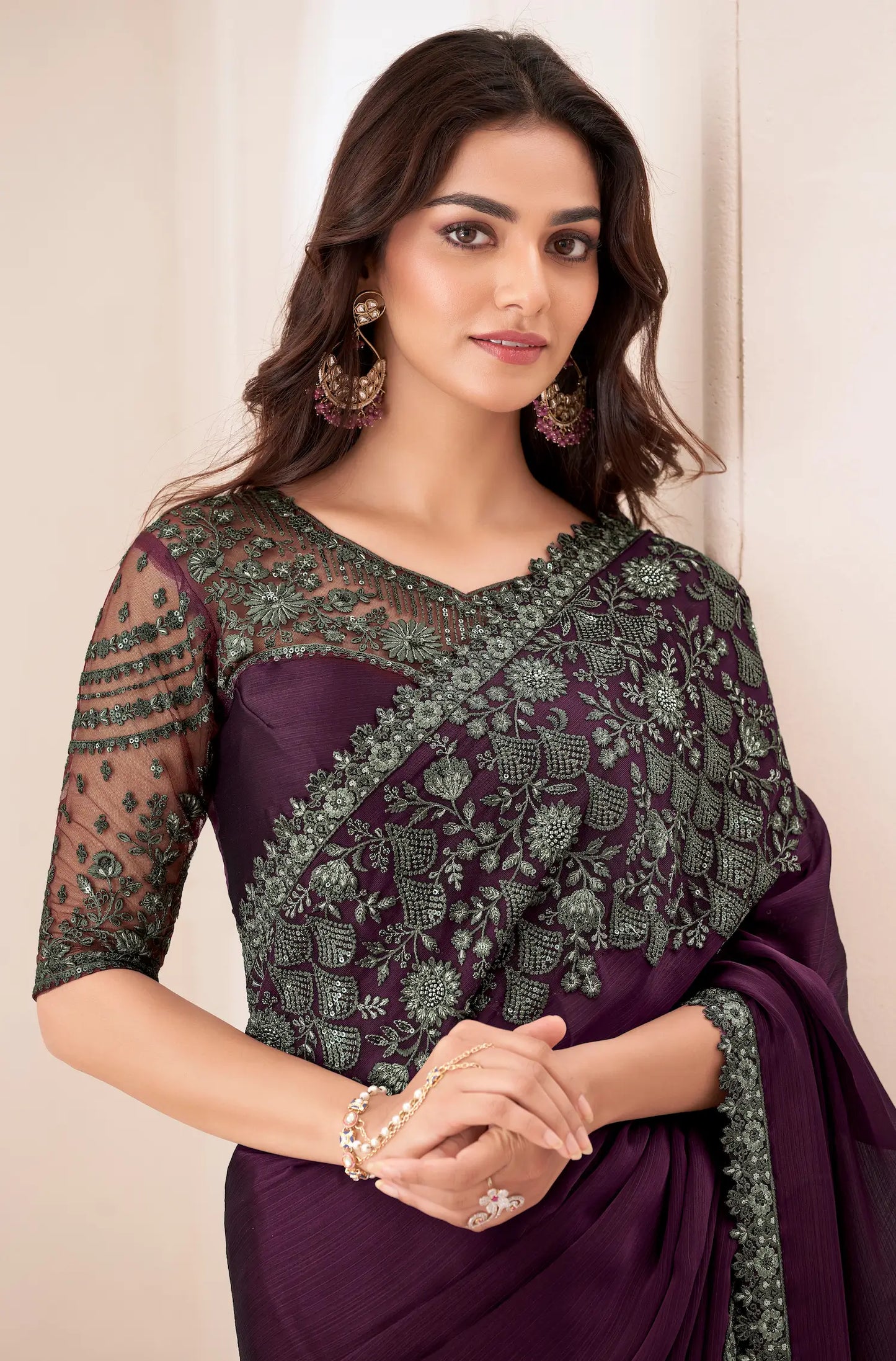 Wine Satin Chiffon Party Wear Saree With Sequence & Thread Embroidery Work