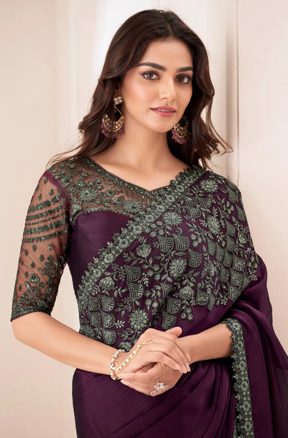 Wine Satin Chiffon Party Wear Saree With Sequence & Thread Embroidery Work