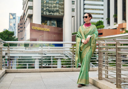 Pista Handloom Kanchivaram Silk Saree with Zari Weaving