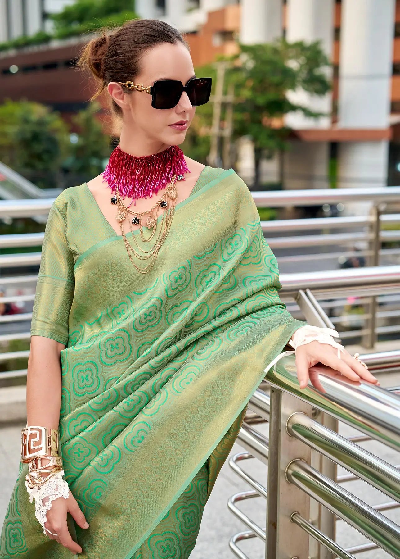 Pista Handloom Kanchivaram Silk Saree with Zari Weaving