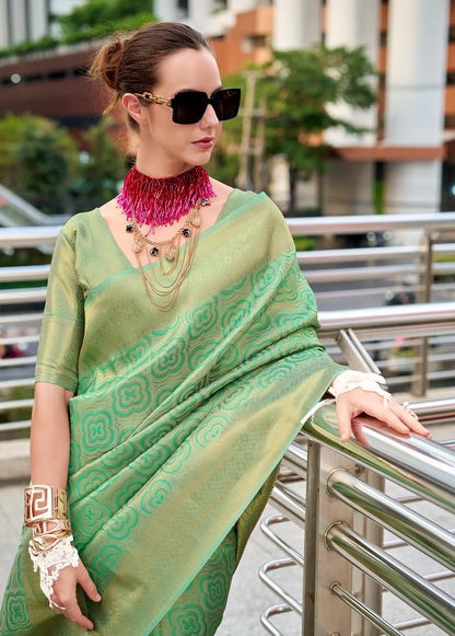 Pista Handloom Kanchivaram Silk Saree with Zari Weaving