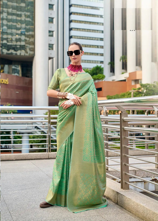 Pista Handloom Kanchivaram Silk Saree with Zari Weaving