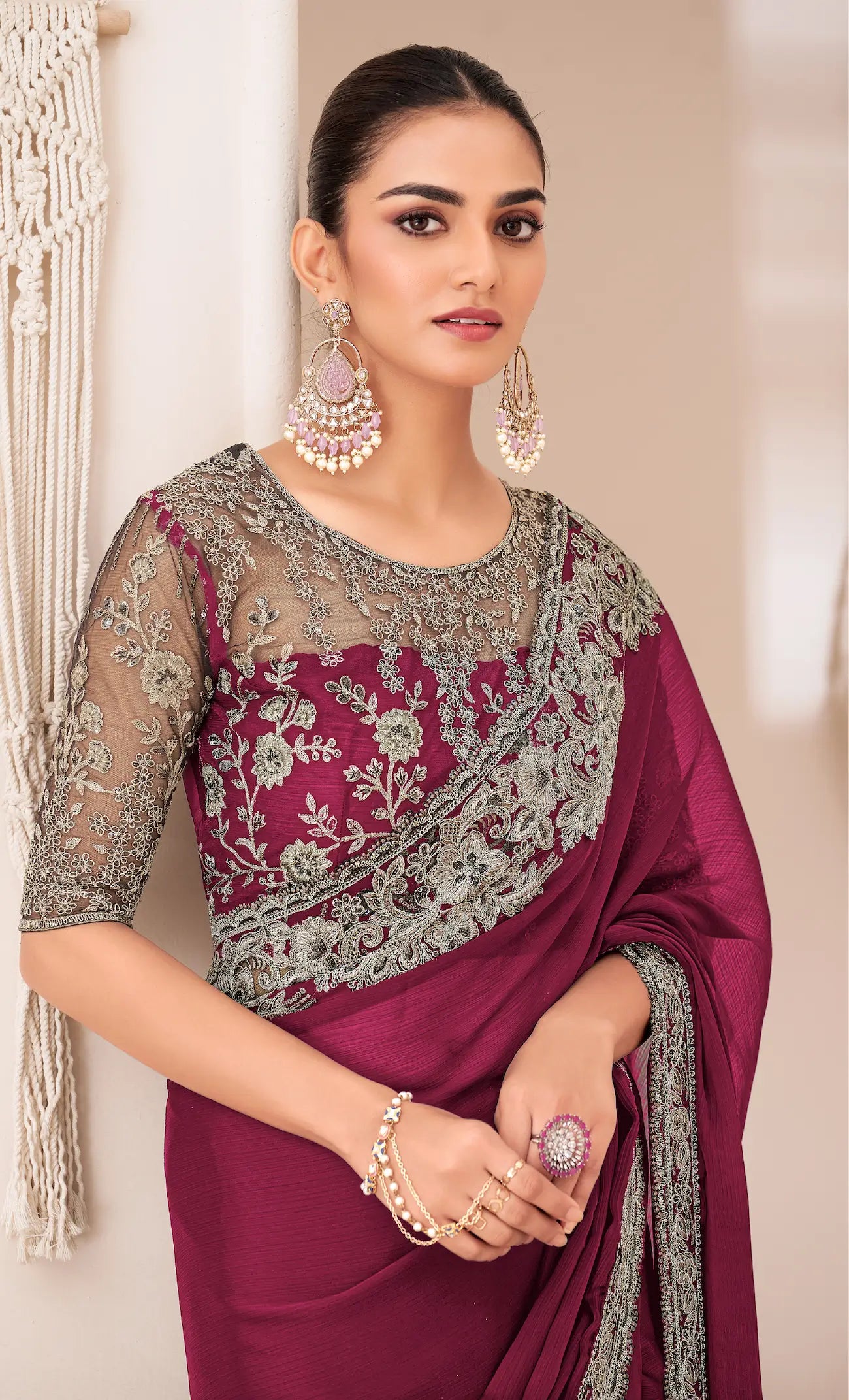 Dark Red Georgette Chiffon Party Wear Saree With Sequence & Thread Embroidery Work