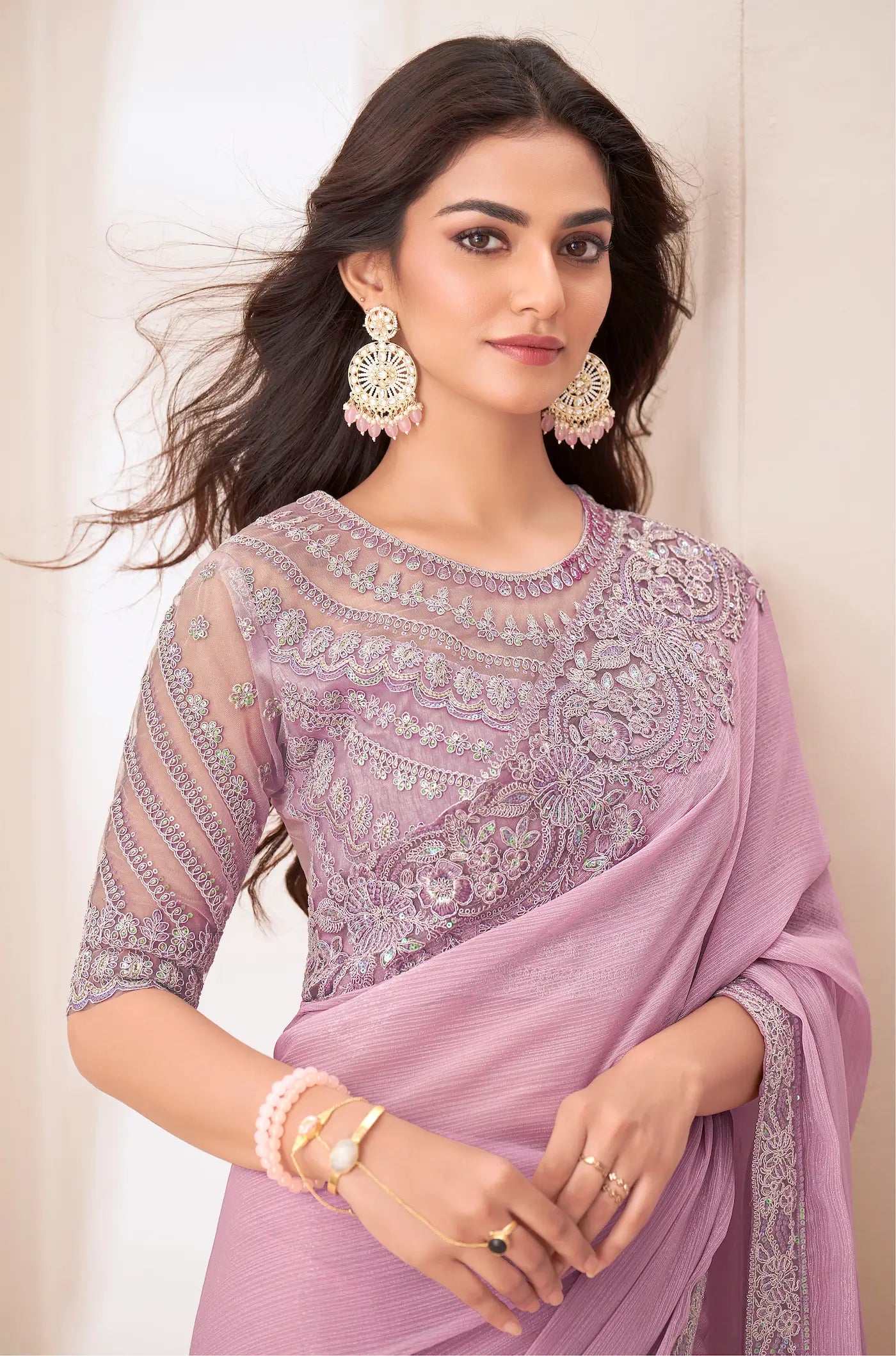 Blush Pink Silver Chiffon Party Wear Saree With Sequence & Thread Embroidery Work