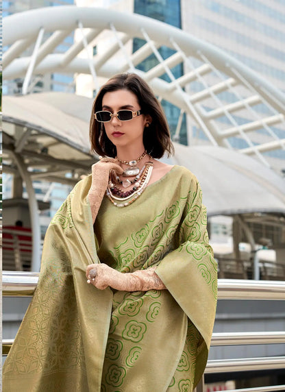 Dusty Green Handloom Kanchivaram Silk Saree with Zari Weaving
