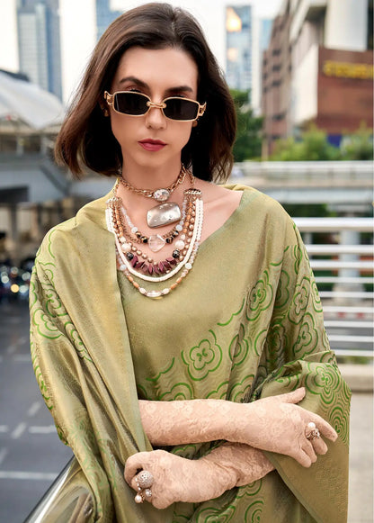 Dusty Green Handloom Kanchivaram Silk Saree with Zari Weaving