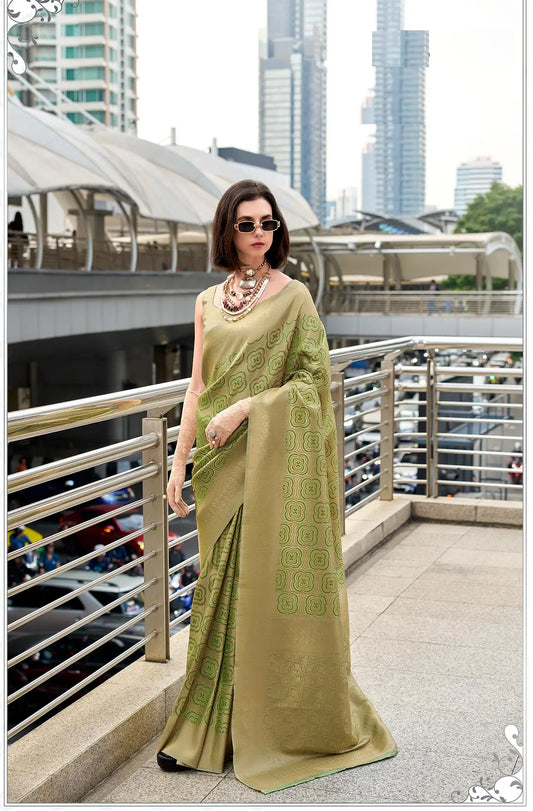 Dusty Green Handloom Kanchivaram Silk Saree with Zari Weaving