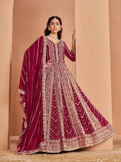 Dark Pink Georgette Gown With Sequence & Thread Embroidery Work