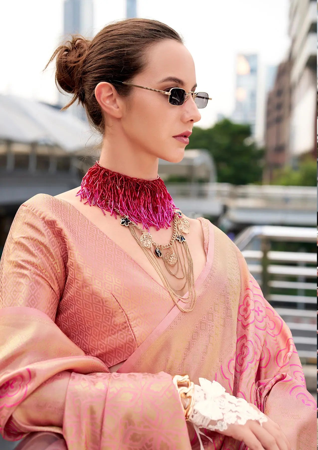 Peach  Handloom Kanchivaram Silk Saree with Zari Weaving