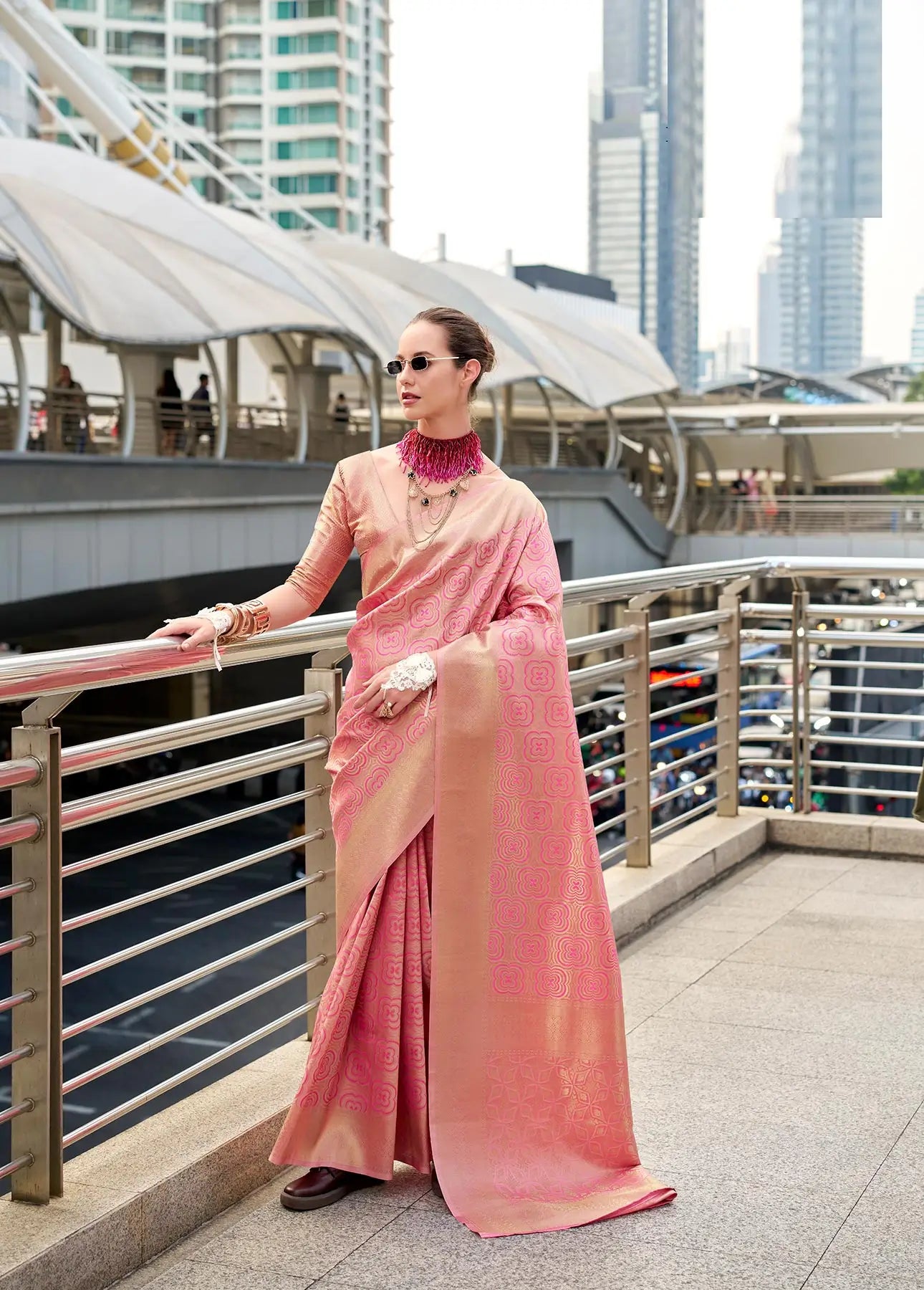 Peach  Handloom Kanchivaram Silk Saree with Zari Weaving