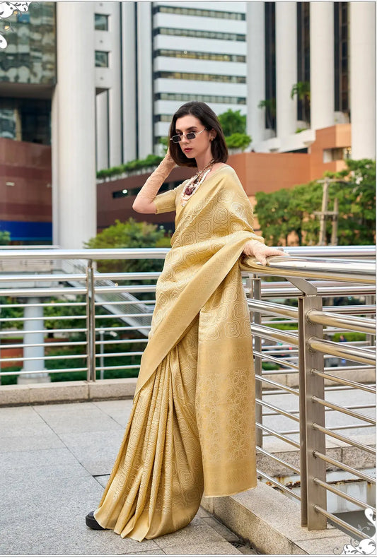 Yellow  Handloom Kanchivaram Silk Saree with Zari Weaving
