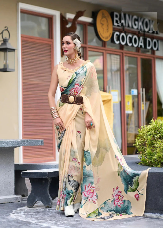 Beige Georgette Saree with Exclusive Print