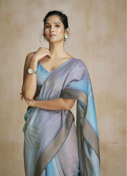Multi Color Art Silk Saree with Zari Border & Digital Print