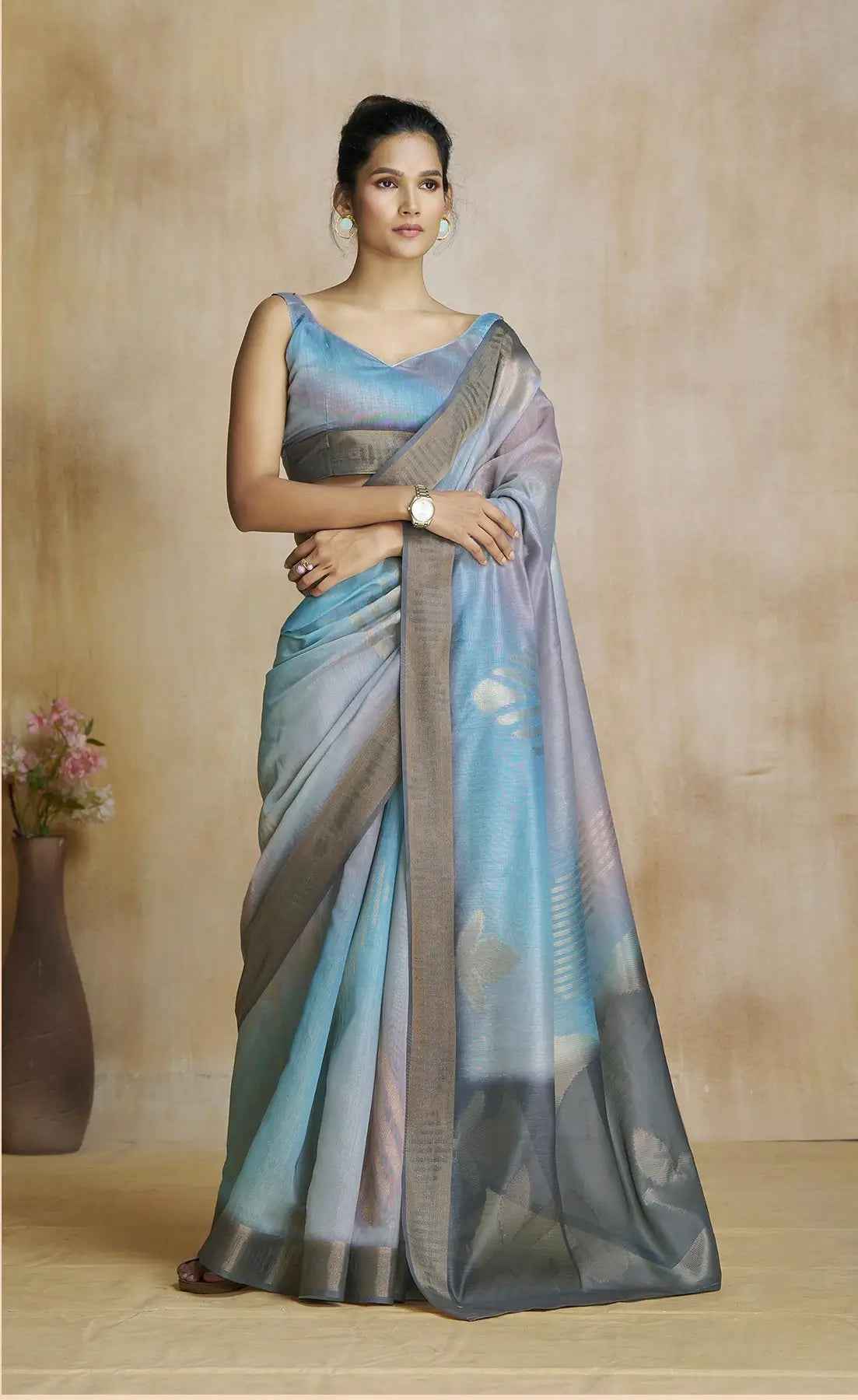 Multi Color Art Silk Saree with Zari Border & Digital Print