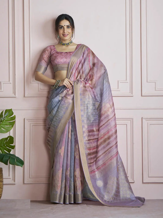 MultiColor Handloom Khadi Silk Saree with Digital Print & Zari  Border