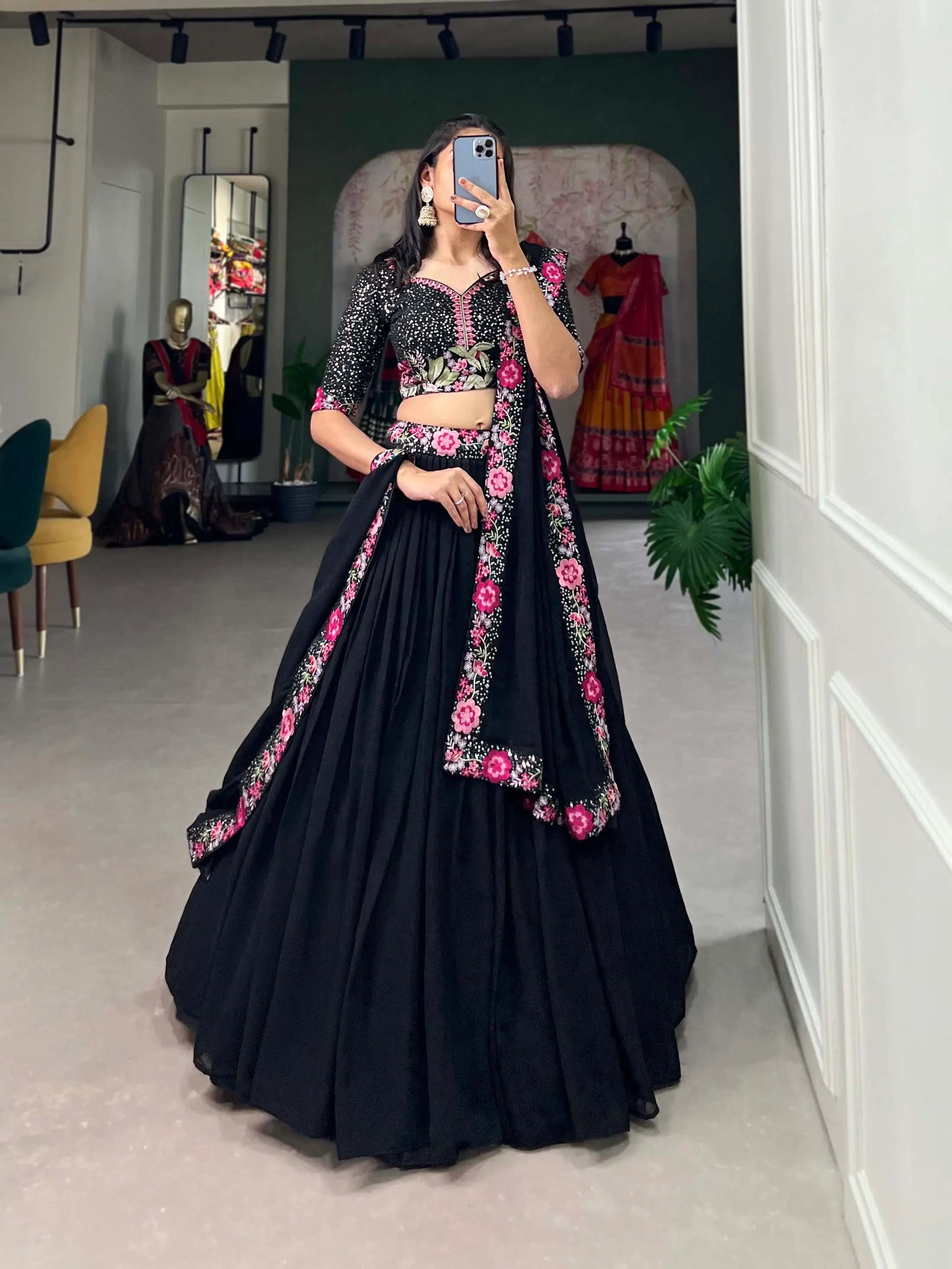 Black Georgette Sequence & Thread Embroidery Lehenga Choli