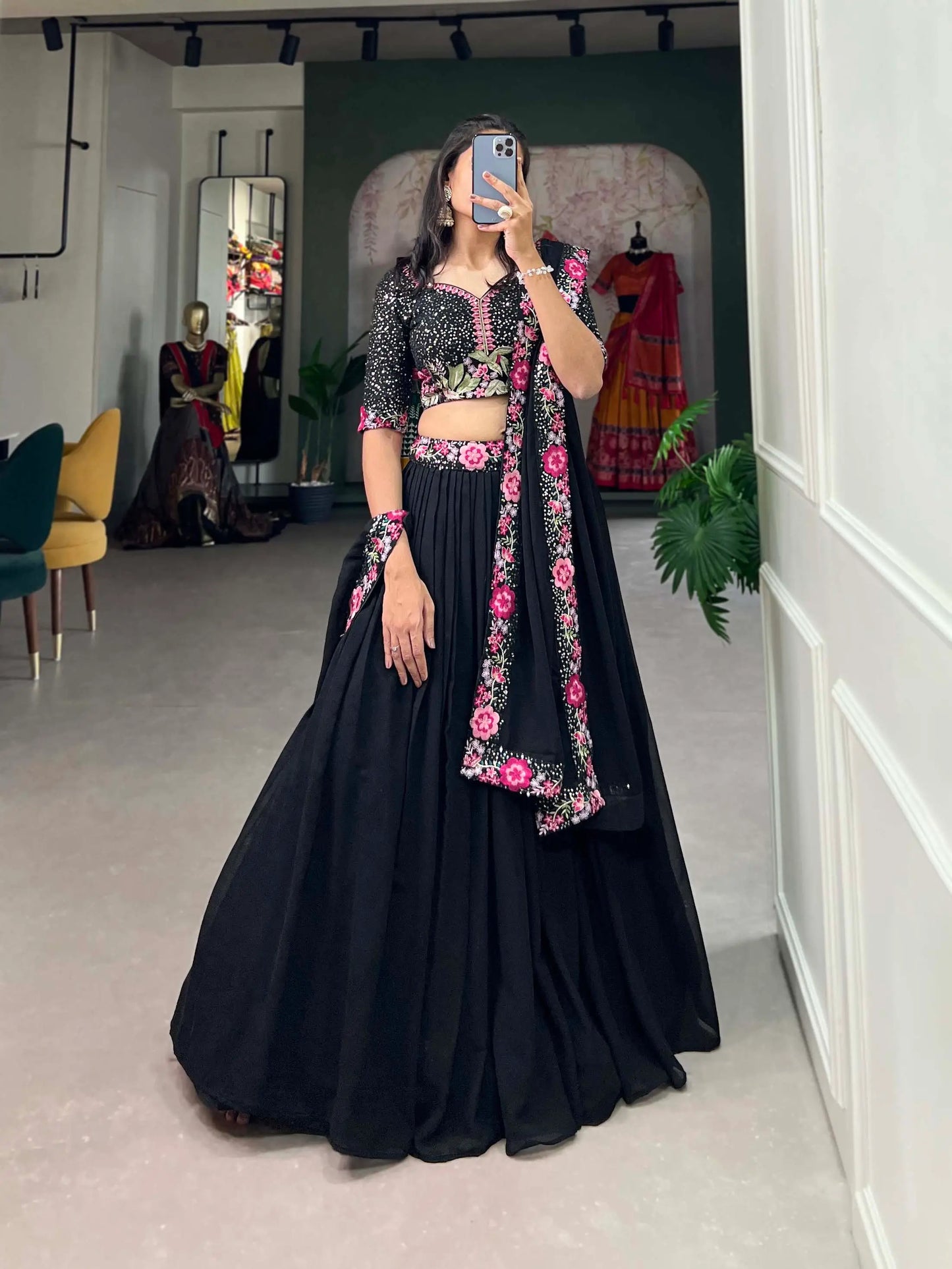 Black Georgette Sequence & Thread Embroidery Lehenga Choli