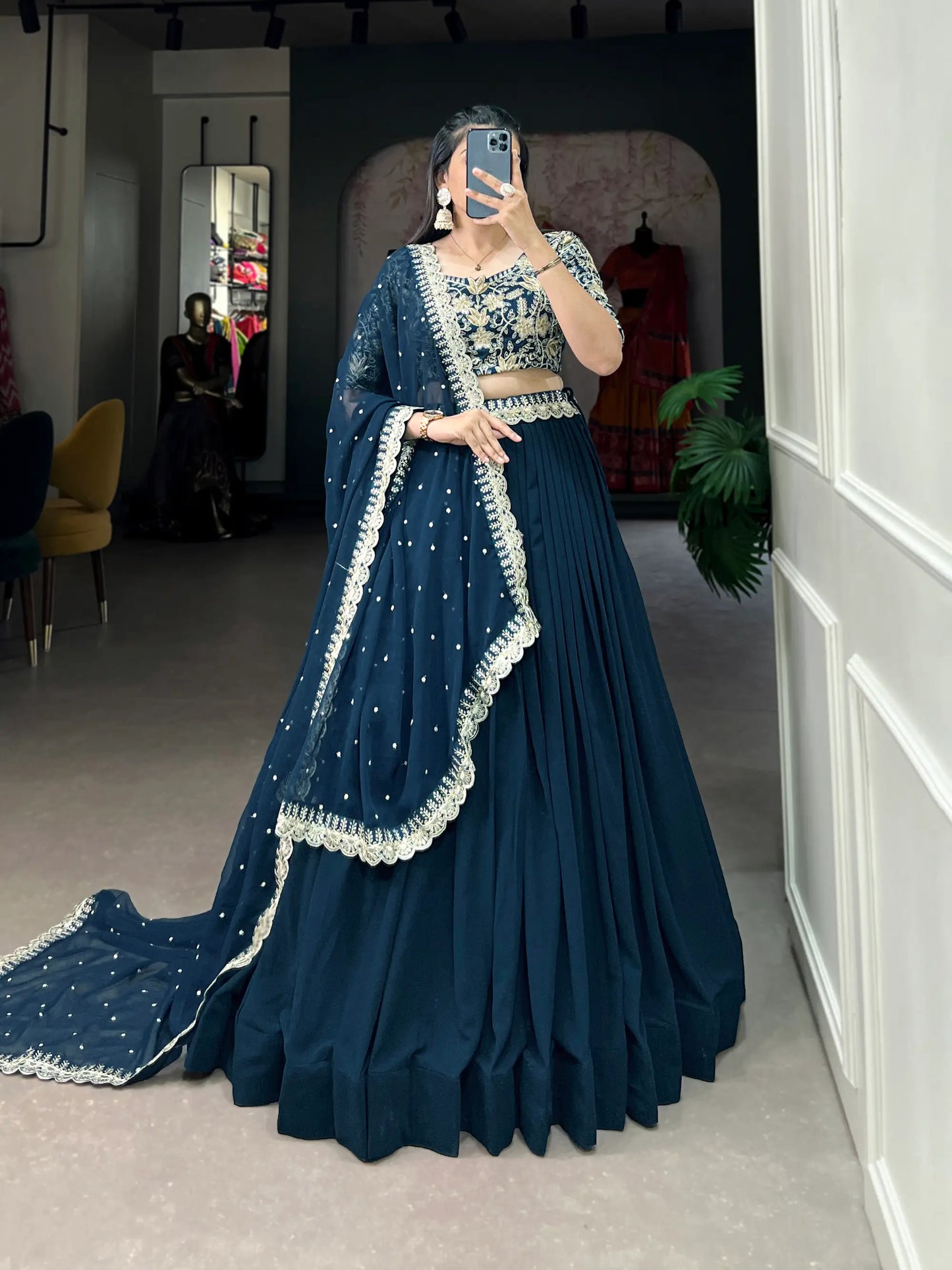 Teal Blue Georgette Sequence & Thread Embroidery Lehenga Choli
