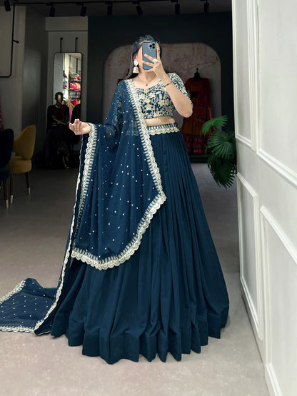 Teal Blue Georgette Sequence & Thread Embroidery Lehenga Choli