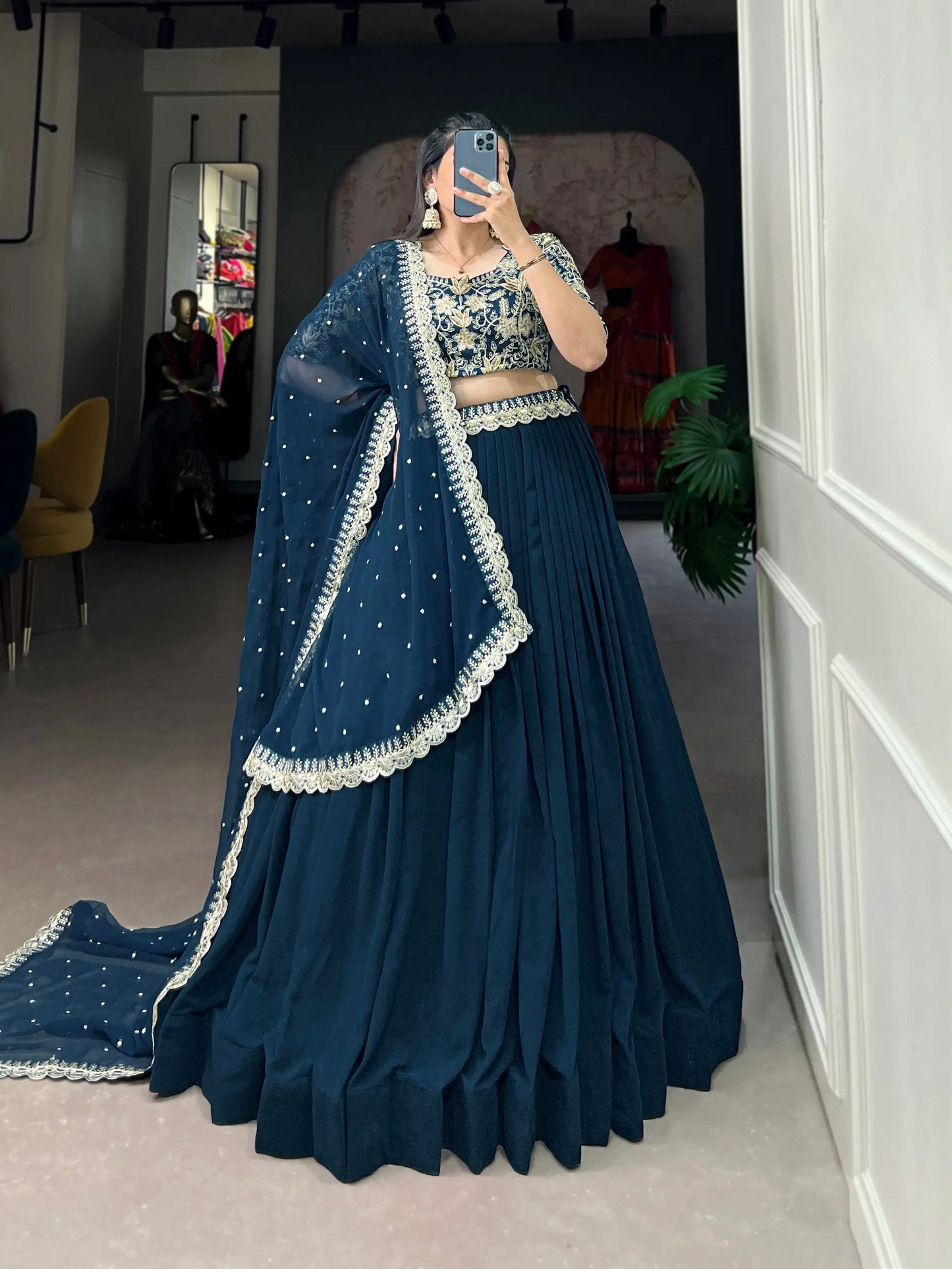 Teal Blue Georgette Sequence & Thread Embroidery Lehenga Choli