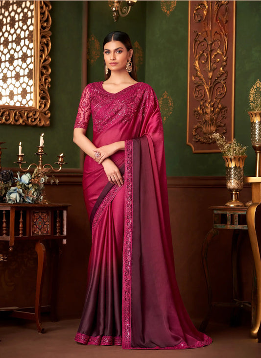 Cherry Red Shaded Satin Chiffon Party Wear Saree With Thread & Sequence Embroidery Work