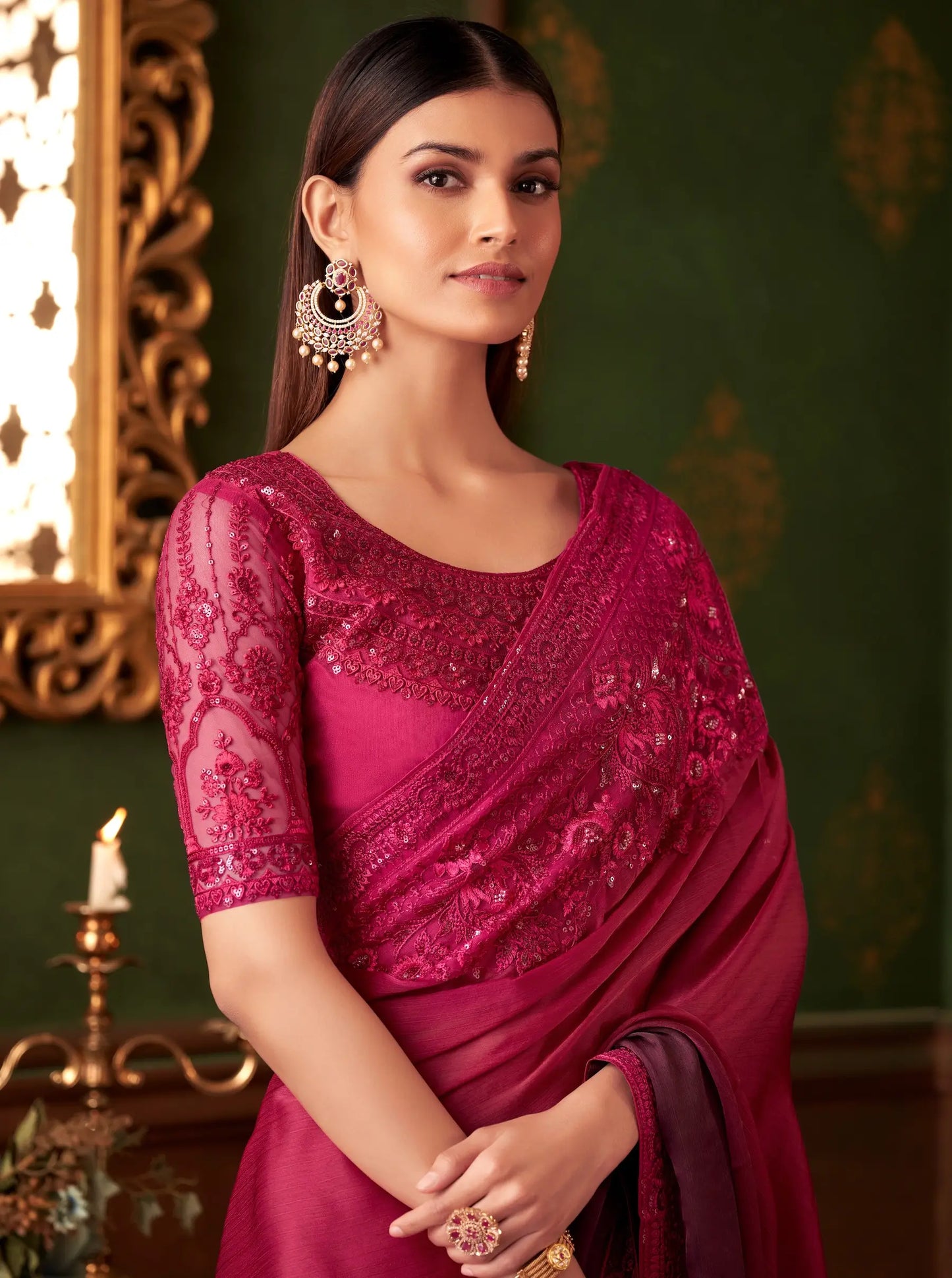Cherry Red Shaded Satin Chiffon Party Wear Saree With Thread & Sequence Embroidery Work