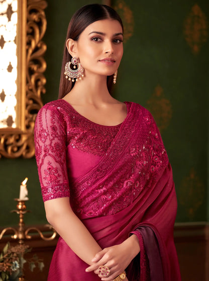 Cherry Red Shaded Satin Chiffon Party Wear Saree With Thread & Sequence Embroidery Work