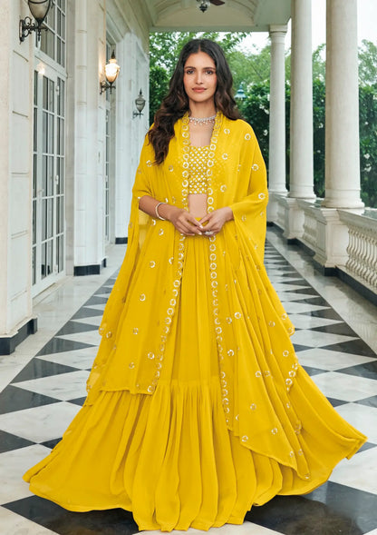 Yellow Georgette Thread & Sequence Embroidery Work Indo Western Lehenga Choli