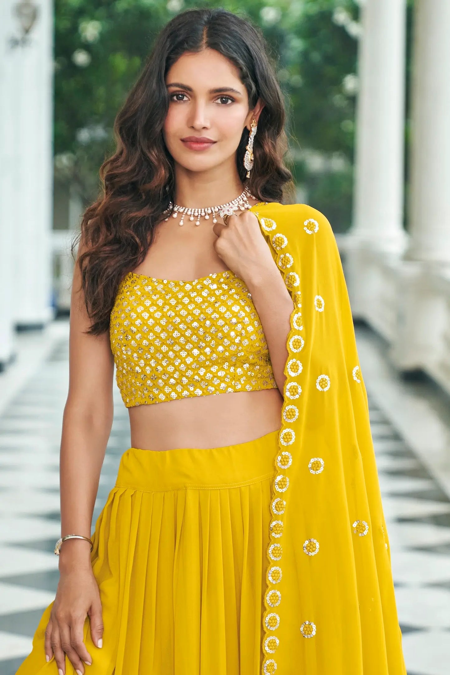 Yellow Georgette Thread & Sequence Embroidery Work Indo Western Lehenga Choli