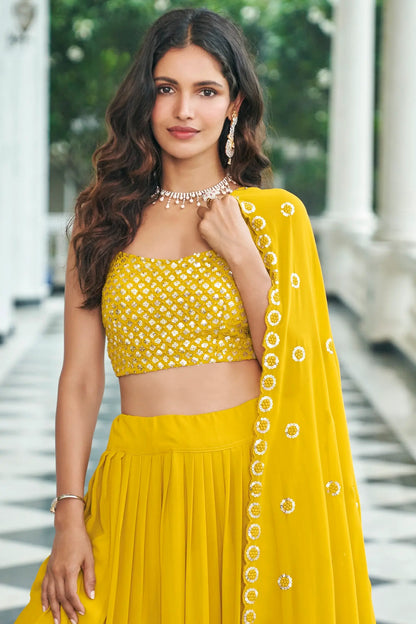 Yellow Georgette Thread & Sequence Embroidery Work Indo Western Lehenga Choli