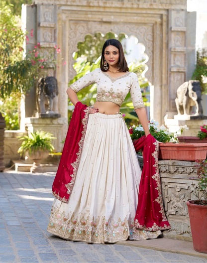 Off White Vichitra Silk Lehenga Choli Sequins and Thread Embroidery Work