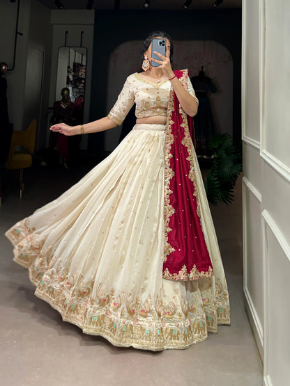 Off White Vichitra Silk Lehenga Choli Sequins and Thread Embroidery Work