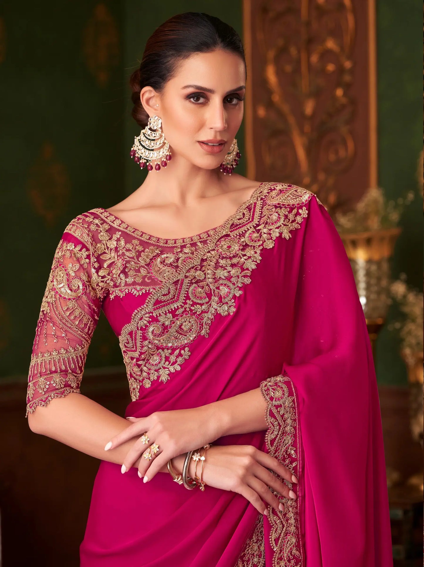 Red Satin Silk Party Wear Saree With Thread & Sequence Embroidery Work