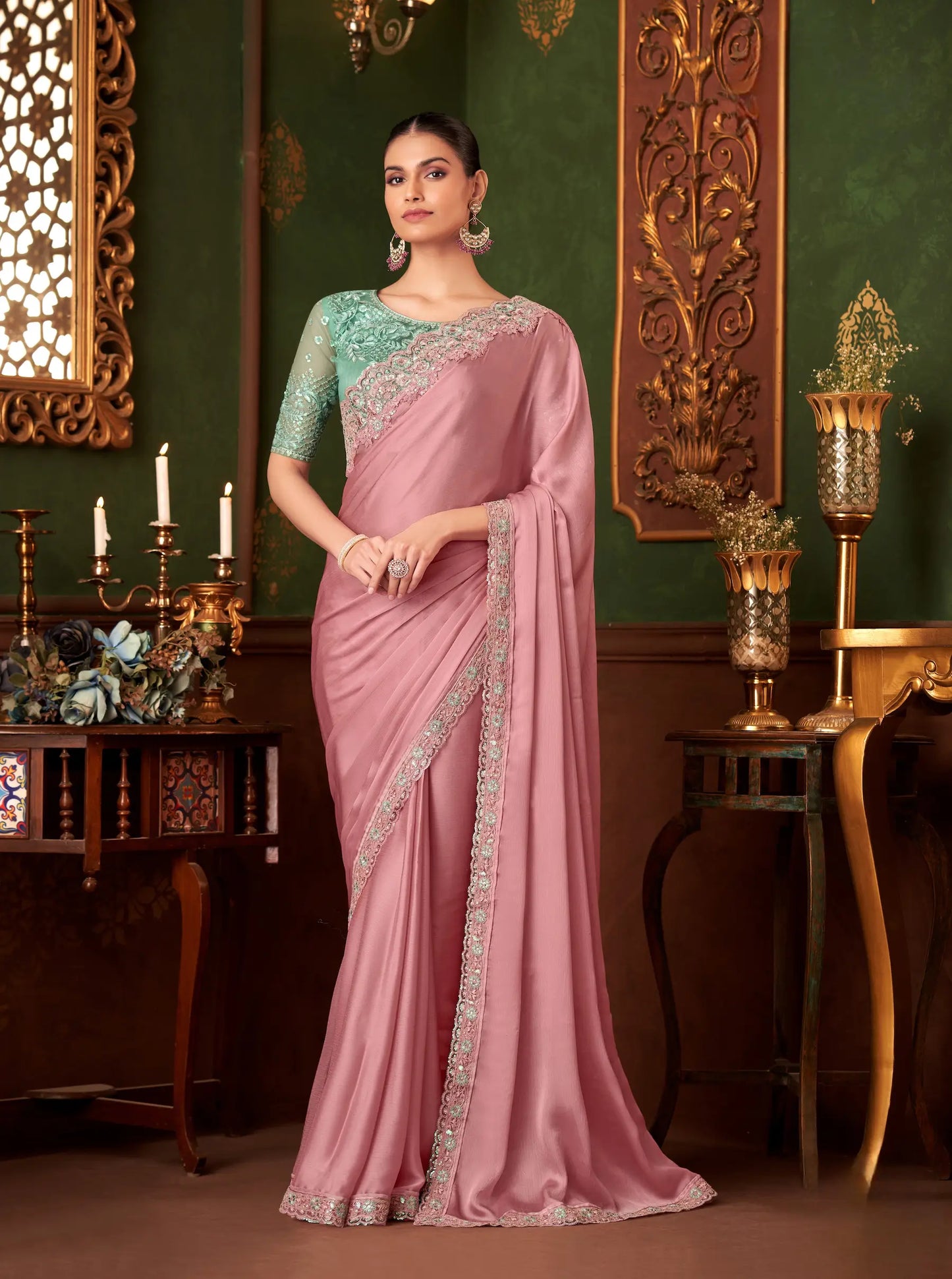 Powder Pink Chiffon Silk Party Wear Saree With Thread & Sequence Embroidery Work