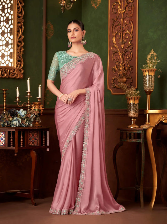 Powder Pink Chiffon Silk Party Wear Saree With Thread & Sequence Embroidery Work