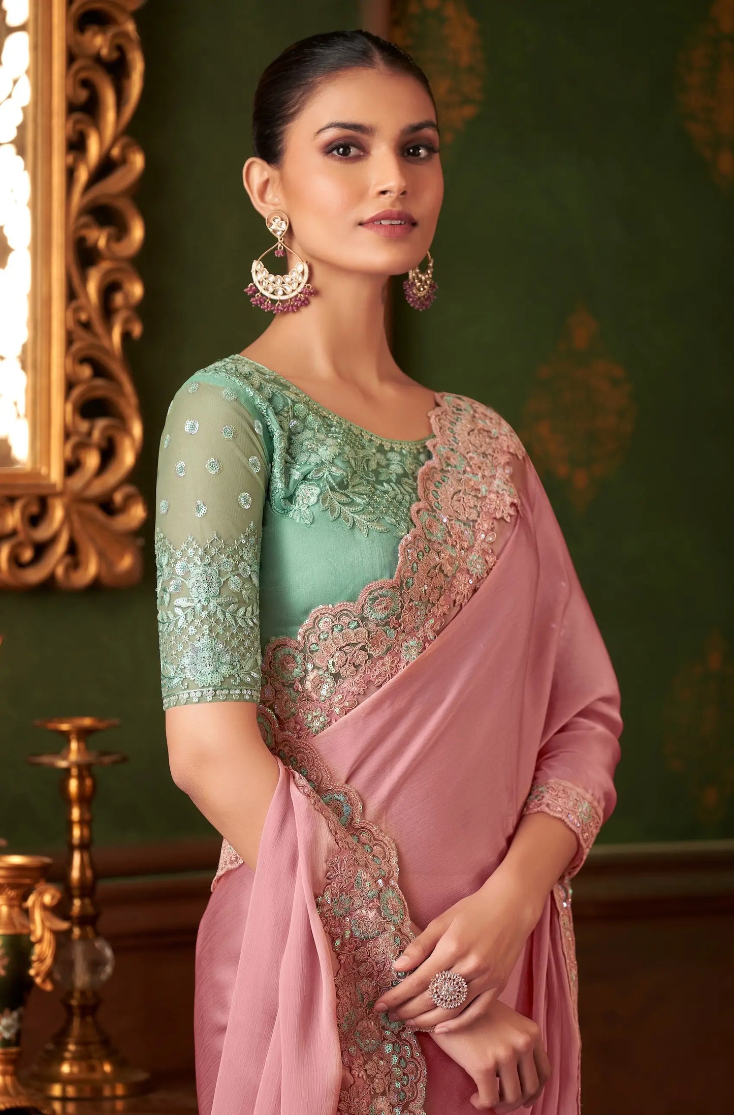 Powder Pink Chiffon Silk Party Wear Saree With Thread & Sequence Embroidery Work
