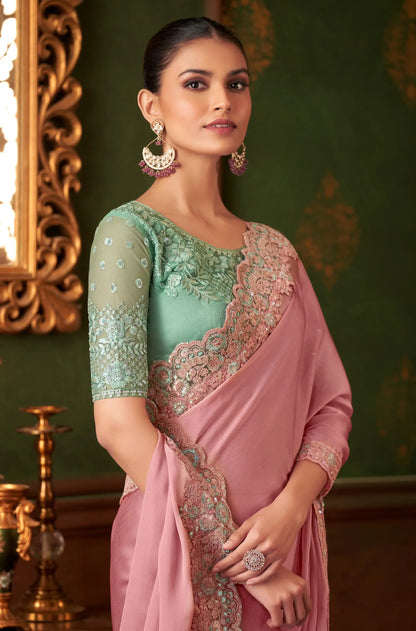 Powder Pink Chiffon Silk Party Wear Saree With Thread & Sequence Embroidery Work