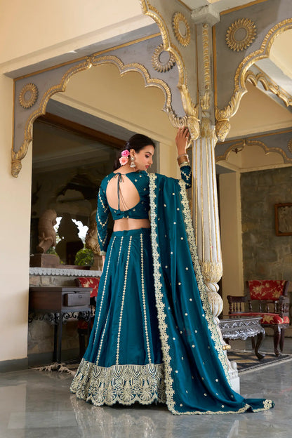 Teal Blue Vichitra Silk Lehenga Choli With Sequins and Thread Embroidery