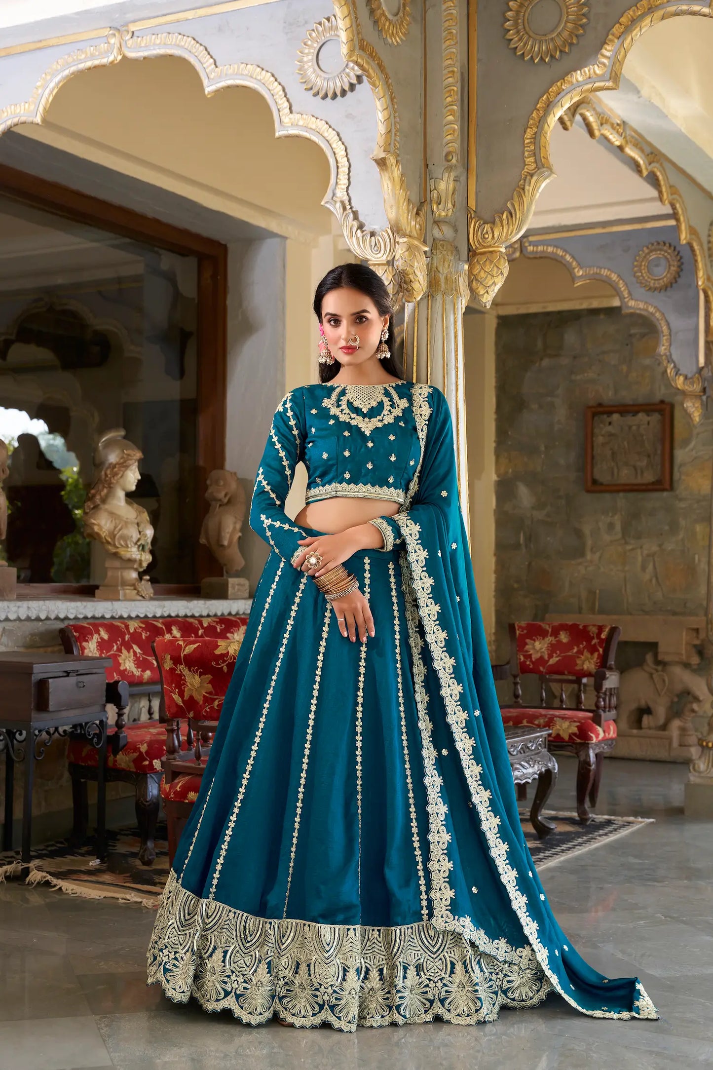 Teal Blue Vichitra Silk Lehenga Choli With Sequins and Thread Embroidery