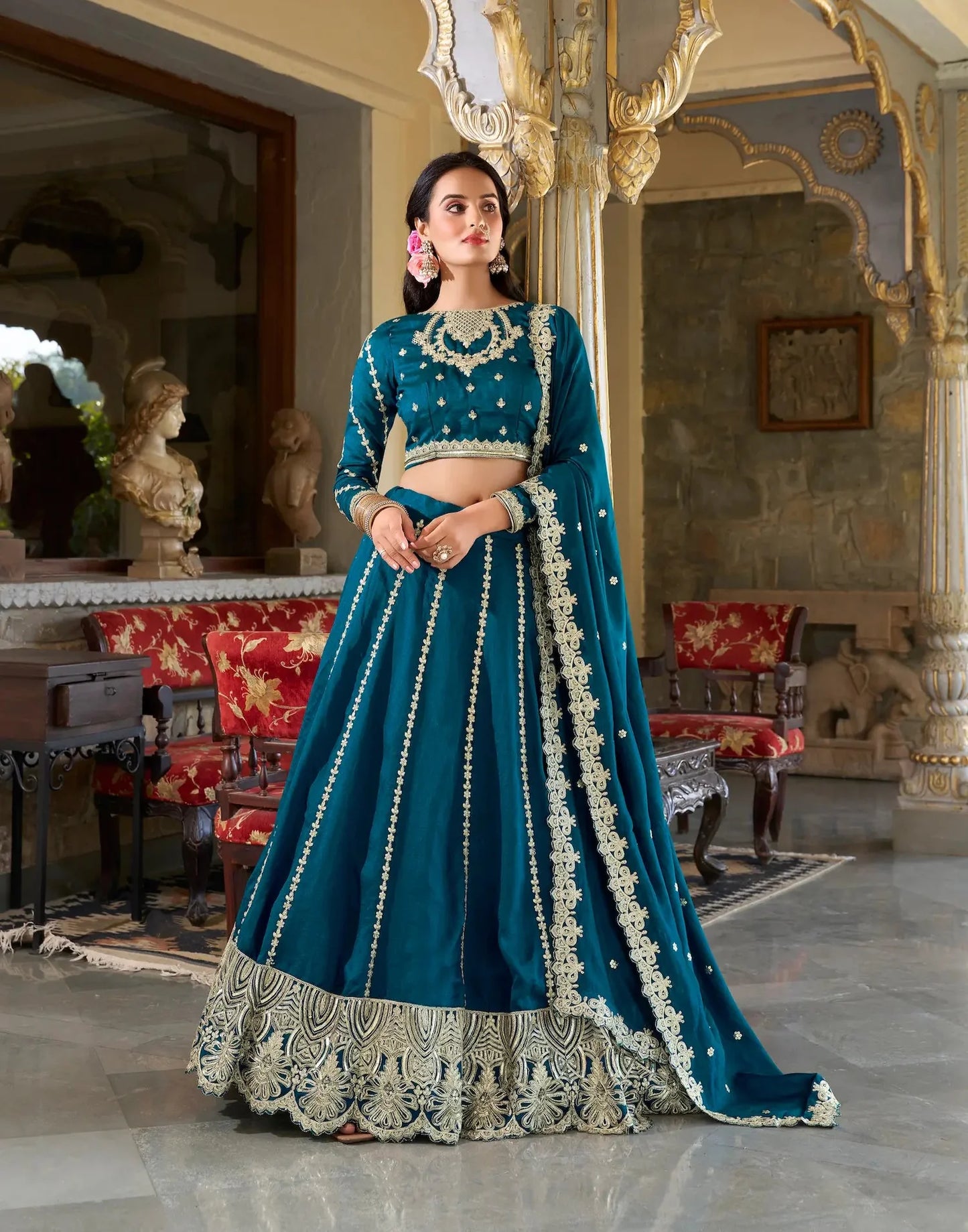 Teal Blue Vichitra Silk Lehenga Choli With Sequins and Thread Embroidery