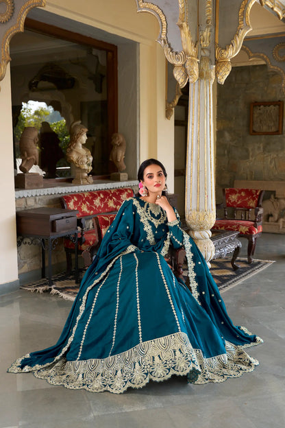 Teal Blue Vichitra Silk Lehenga Choli With Sequins and Thread Embroidery