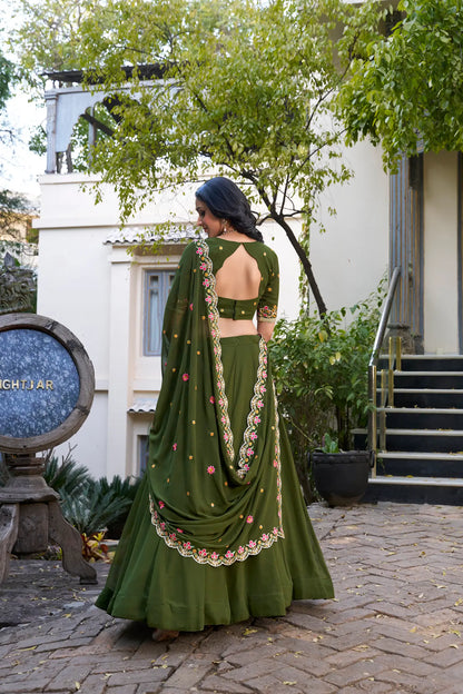Olive Green Georgette Lehenga Choli With Sequins & Thread Embroidery Work