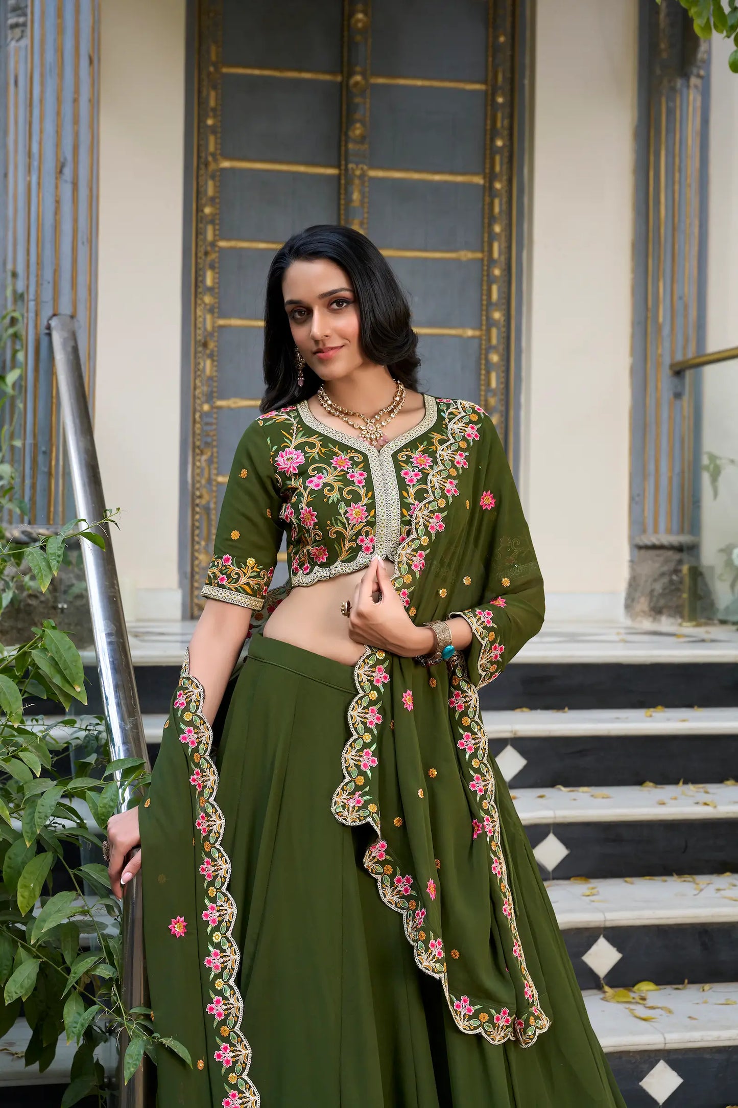 Olive Green Georgette Lehenga Choli With Sequins & Thread Embroidery Work