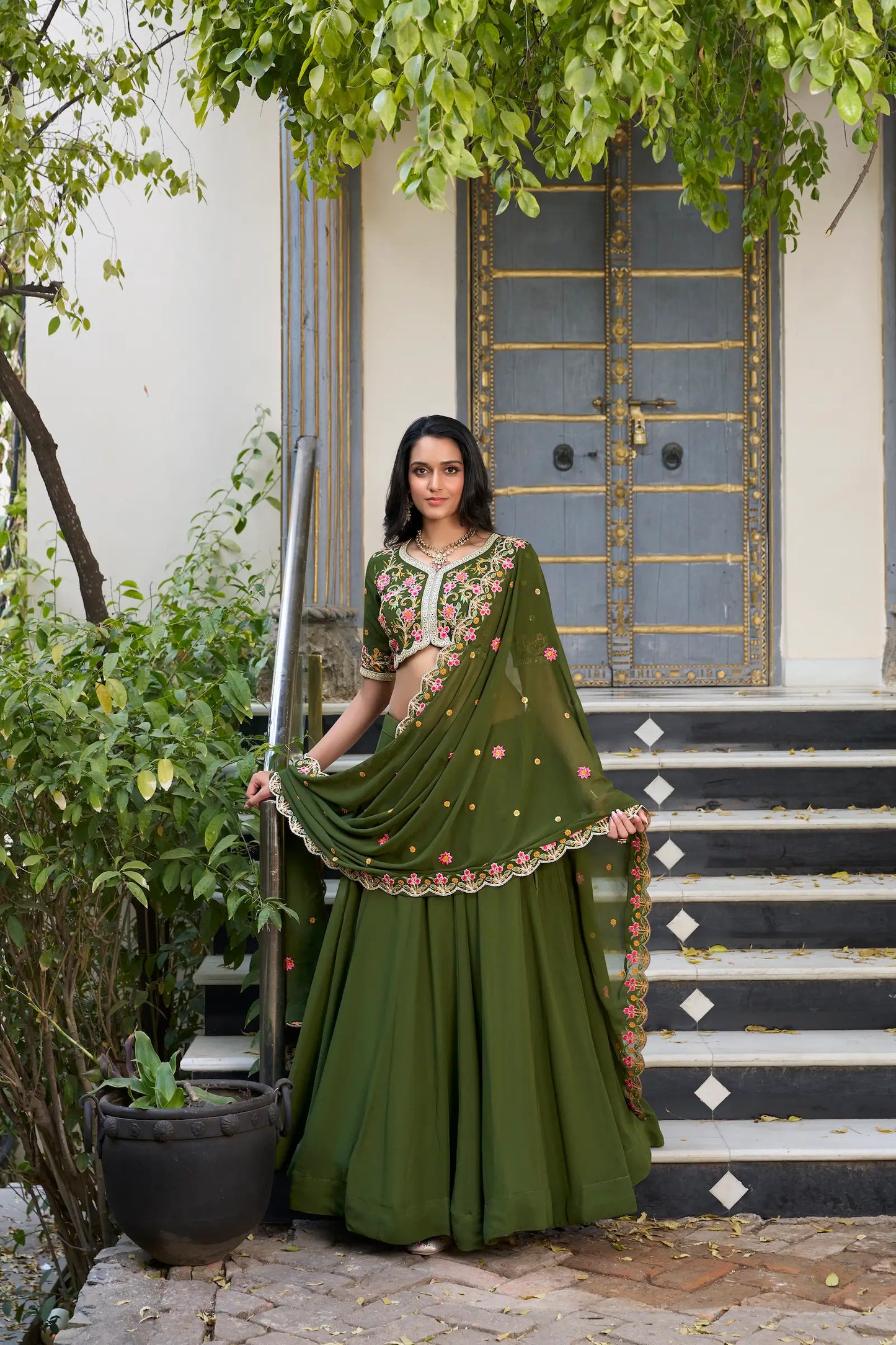 Olive Green Georgette Lehenga Choli With Sequins & Thread Embroidery Work