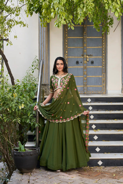 Olive Green Georgette Lehenga Choli With Sequins & Thread Embroidery Work