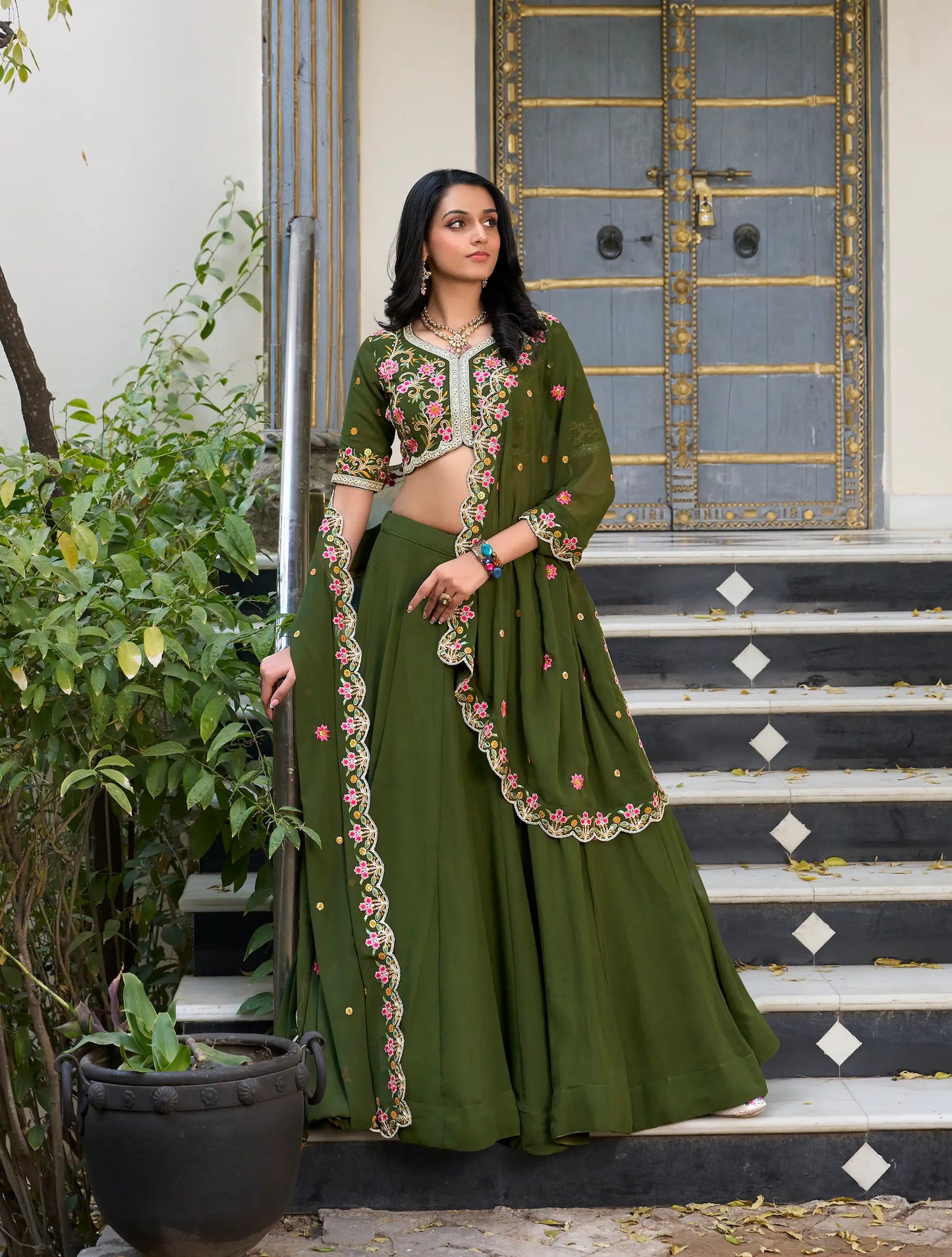 Olive Green Georgette Lehenga Choli With Sequins & Thread Embroidery Work