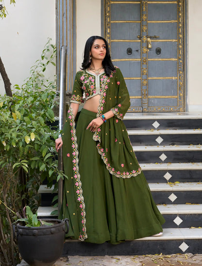Olive Green Georgette Lehenga Choli With Sequins & Thread Embroidery Work