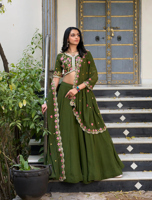 Olive Green Georgette Lehenga Choli With Sequins & Thread Embroidery Work