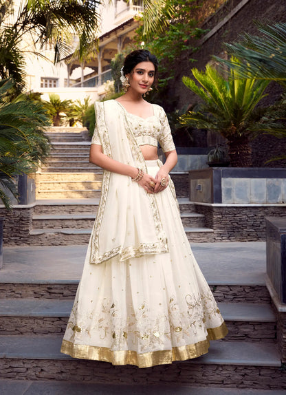 Off White Glossy Silk Lehenga Choli Sequins and Thread Embroidery Work With Foil Work